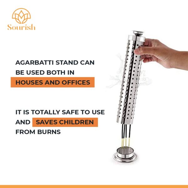 Stainless Steel Agarbatti Incense Stick Holder with Ash Catcher and Dhoop Holder on Top for Home, Office & Temple